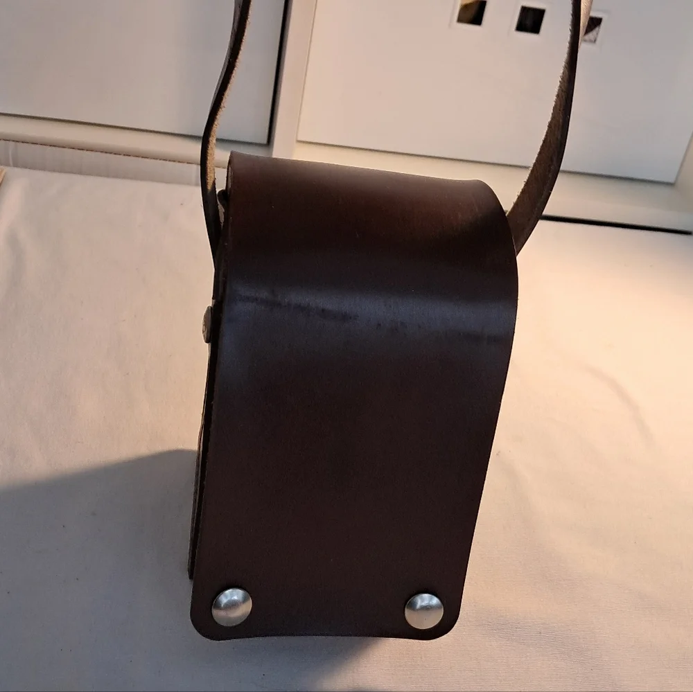 Vintage Leather Camera Case, long strap, brown, buckle straps inside, 4